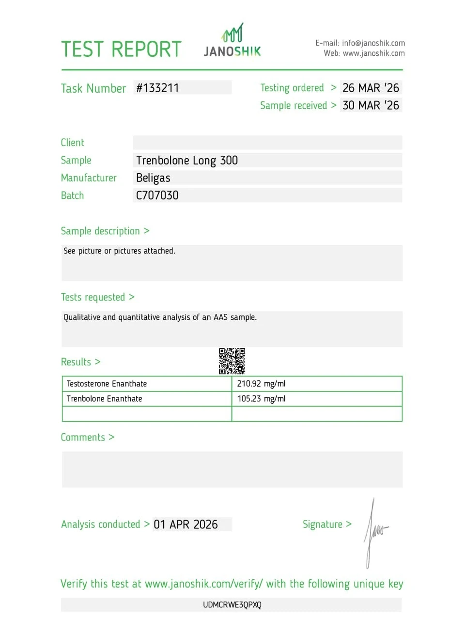 Beligas Pharma Trenbolone Long 300 lab report image