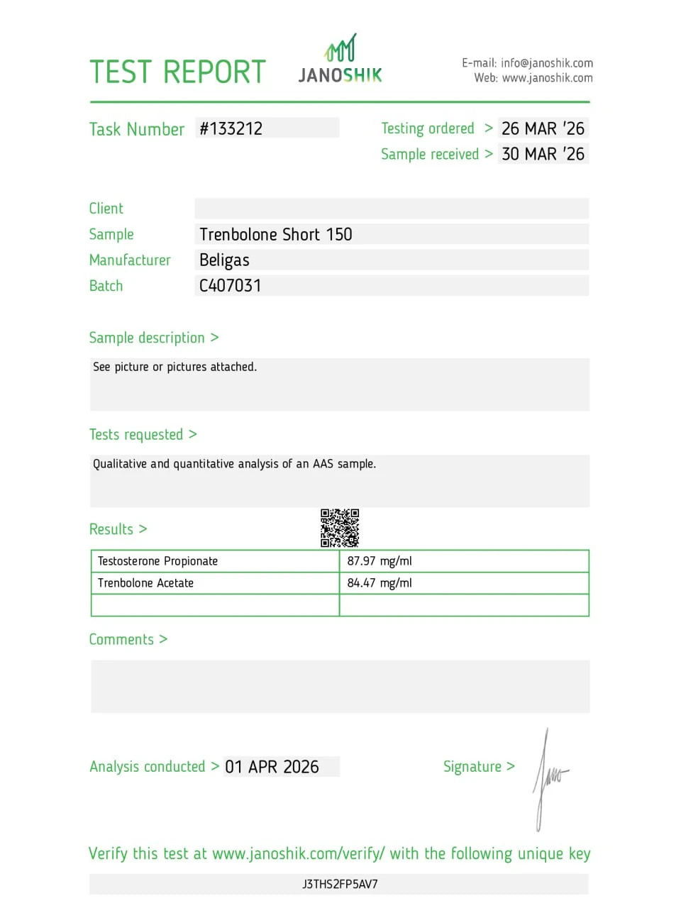 Beligas Pharma Trenbolone Short 150 lab report image